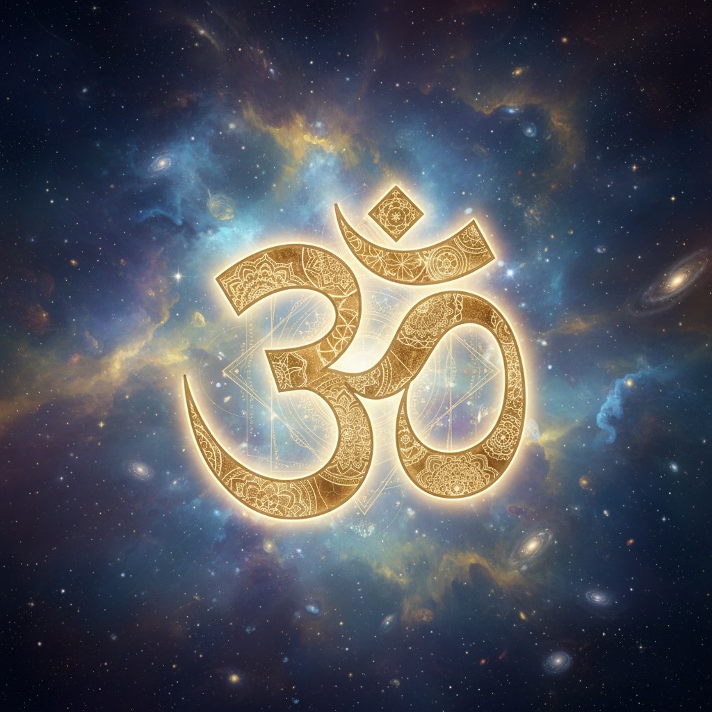 A glowing golden Om symbol filled with intricate mandala patterns floats against a deep blue and purple nebula filled with stars.